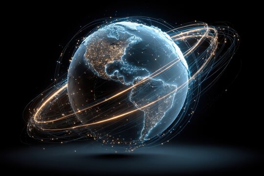 Digital planet earth with blue glowing connections and rings of data circling the globe - Powered by Adobe