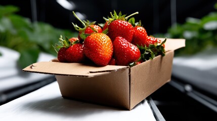 This vibrant image features fresh, ripe strawberries displayed in a cardboard box, showcasing their luscious red color and textures against a blurred green backdrop.