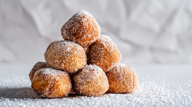 Cinnamon-sugar doughnut holes arranged in triangle shape, snowy-white backdrop, breathable copy space