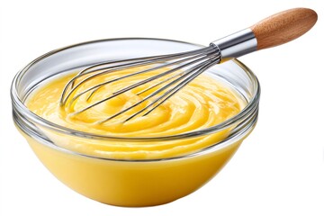 Whisk mixing creamy yellow custard in glass bowl