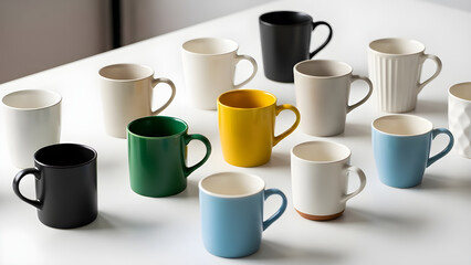 Diverse collection of colorful ceramic coffee mugs arranged on a white surface