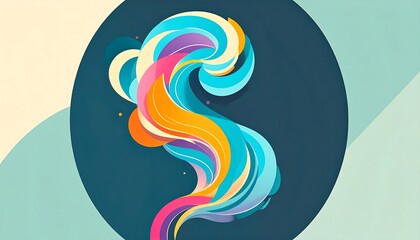Abstract swirling shape composed of layered vibrant colours set on a dark blue circular background