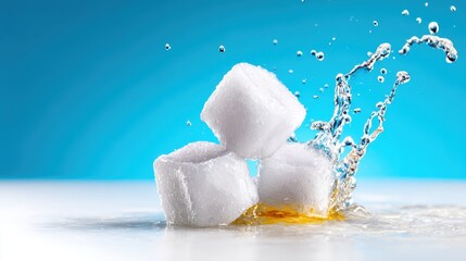 Three ice cubes splashing into a vibrant drink create an enticing visual of refreshment and thirst-quenching delight, inviting the viewer to enjoy a cool beverage.