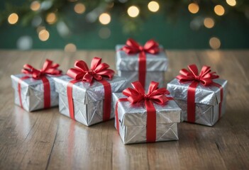 Fototapeta premium Five Silver Gift Boxes with Red Ribbons on Wooden Table 