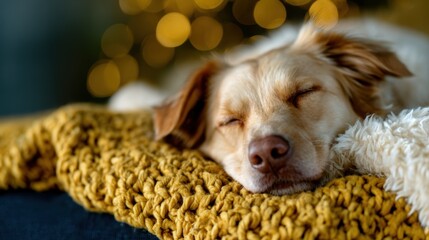 Fototapeta na wymiar A serene image of a sleeping dog on a cozy blanket, exuding calmness and tranquility, highlighting the comfort of home and the special bond between pets and their owners.