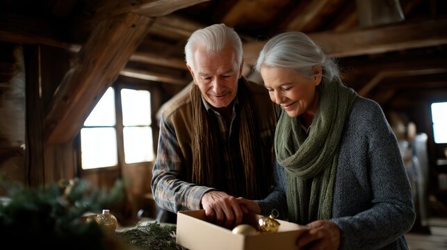 Elderly couple opening a box of vintage Christmas ornaments in a bright attic with sunlight and warm nostalgic atmosphere.