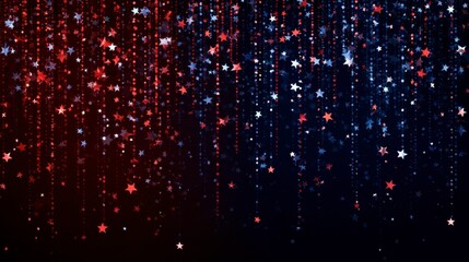 A red, white, and blue, glittery cascade of stars is layered over a dark background. The stars are randomly placed and sized