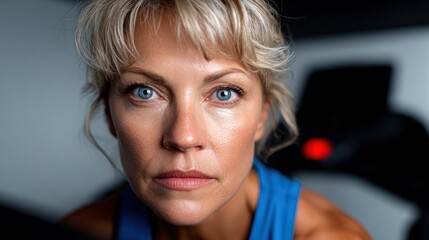 A close-up portrait capturing the focused expression of a fitness enthusiast, emphasizing determination and strength in a contemporary exercise environment.