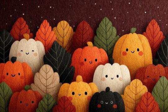 Cute autumn pumpkins and colorful leaves pattern with friendly faces against a maroon background - Powered by Adobe