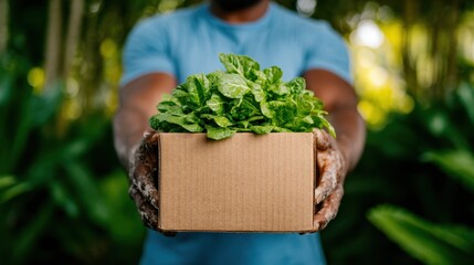 A person holding a box filled with fresh greens, showcasing nature's bounty and promoting sustainable living, set against a lush green background that evokes health and vitality.