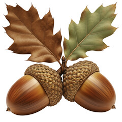 Detailed illustration of two acorns with leaves on black background