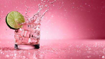 A refreshing drink with ice and a slice of lime splashes in a glass, creating a vibrant and energetic image that embodies summer vibes and joy, perfect for energetic social occasions.