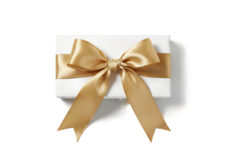 A golden ribbon elegantly tied around a neatly wrapped white gift box
