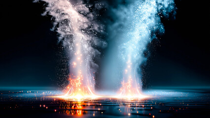 Dualistic Energy: A visual representation of opposing forces converging and rising, symbolized by streams of vibrant, contrasting energy, evoking dynamic tension.