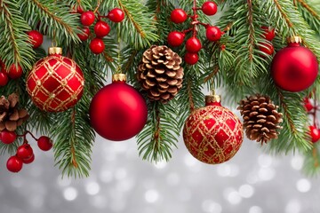 Christmas ornaments hanging on a pine tree branch