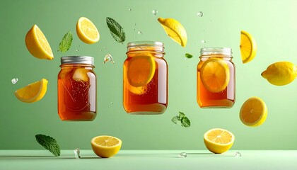 Three clear glass jars of iced tea float against a light green background surrounded by fresh lemons mint leaves and ice cubes
