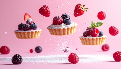 Naklejka premium Three fruit tarts with raspberries blueberries and strawberries float against a pink background amid falling powdered sugar