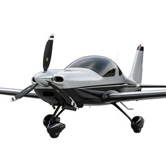 Shiny silver private airplane on black background, ready for takeoff