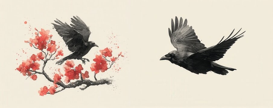 Two crows in ink drawing: one on a blossom branch and another in flight