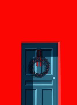 Christmas card with house doors and wreath