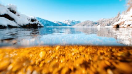 A picturesque frozen lake reflects snowy mountains and a clear blue sky, creating a serene atmosphere that embodies tranquility and the beauty of primal nature in winter.