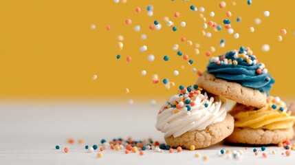 A charming composition of vibrant cupcakes topped with multicolored frosting and sprinkles, set against a cheerful yellow backdrop, highlighting the fun and excitement of sweet treats.