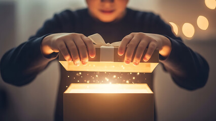 Child opening a gift box, face not visible, warm light