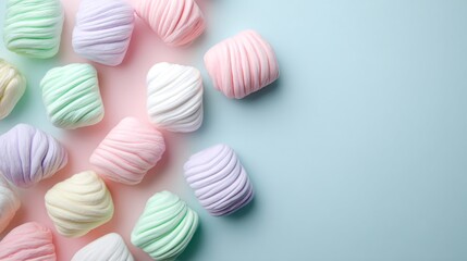 Obraz premium Peppermint marshmallow creams, soft pastel winter background, airy styling, blank space for text