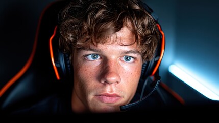 A young male gamer, equipped with a headset, intensely engages in his digital world, reflecting modern youth culture's passion for gaming and technology through an energetic expression.