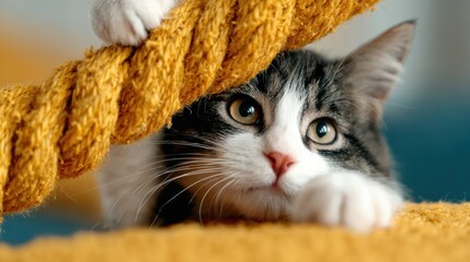 A charming cat playfully interacts with a bright yellow rope, showcasing its playful personality and curiosity in a cozy indoor setting filled with warmth and comfort.