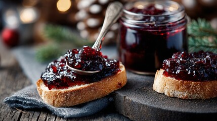 Plum jam Christmas Danish, rustic linen underneath, subtle holiday tones, breathing copy area