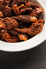Morels mushrooms natural mushroom healthy food ingredient appetizer fresh tasty gourmet food background on the table rustic food top view copy space keto and paleo diet vegetarian and vegan food