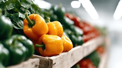 An array of vibrant yellow and green bell peppers sits beautifully arranged in a grocery store, showcasing the richness of fresh produce and promoting healthy eating choices.