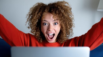 A joyful woman expresses her excitement with raised arms and a huge smile while looking at her laptop, capturing a moment of victory or great news.