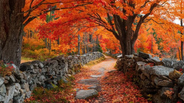 Ultra HD Stone wall lined path through vibrant orange autumn forest with maple trees video