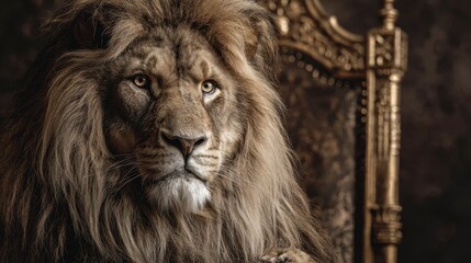 Fototapeta premium A regal lion with a majestic mane rests, gazing intently, positioned on a detailed, ornate throne, evoking power and grandeur