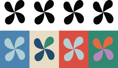 Fototapeta premium Four black petal shapes on white background above four colorful petal shapes abstract pattern