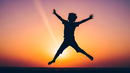 Child jumping in the air, silhouette style