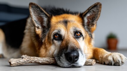 A close-up of a German Shepherd resting its head on the floor with a stick in its mouth, showcasing the dog's intelligence and loyalty in a serene indoor environment.