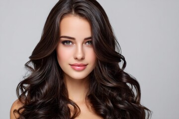 Fototapeta premium Young woman with lush wavy brunette hair looking at camera