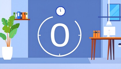 An office interior featuring a large timer overlayed on a blue wall, desk, computer, & a potted plant