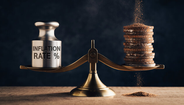 Macro Photography of Value Erosion: Balance Scale with Inflation Weight and Crumbling Coins