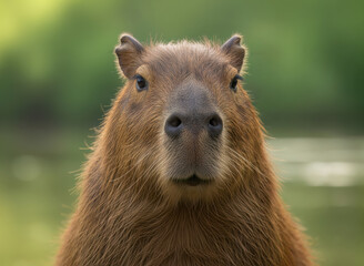 A capybara with a characteristic calm and gentle expression, looking directly at the viewer. It is extremely cute with the fine details in its fur texture and gentle eyes.