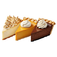 Delicious slices of cheesecake, pumpkin pie, and chocolate cream pie