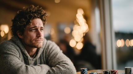 A thoughtful young man gazes outside a coffee shop window, lost in contemplation, embodying introspection and creativity amidst a cozy café atmosphere filled with soft, warm lights.