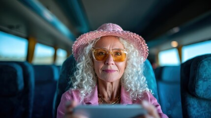 An older woman wearing a pink hat and sunglasses sits on a bus, focused on her device, representing modern connectivity and the vibrant spirit of age.