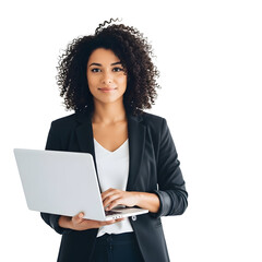 Confident businesswoman holding laptop in modern outfit standing against black background