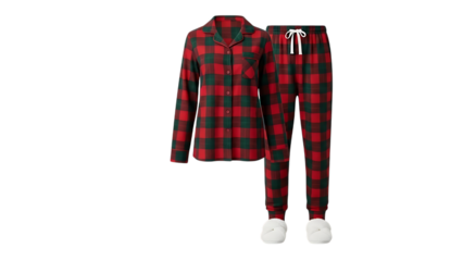 Red and green plaid pajama set, with white slippers, cutout, PNG isolated on transparent background