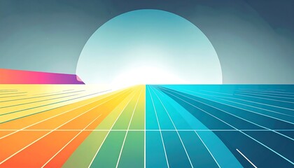 Bright sun above a horizon line of colorful quadrants fading into blue, with a gridded perspective