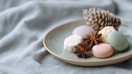 Matte Pastel Christmas Sweets on Ceramic Plate, Minimal Composition, Neutral Background, Holiday Dessert Flat Lay, Elegant Festive Treats